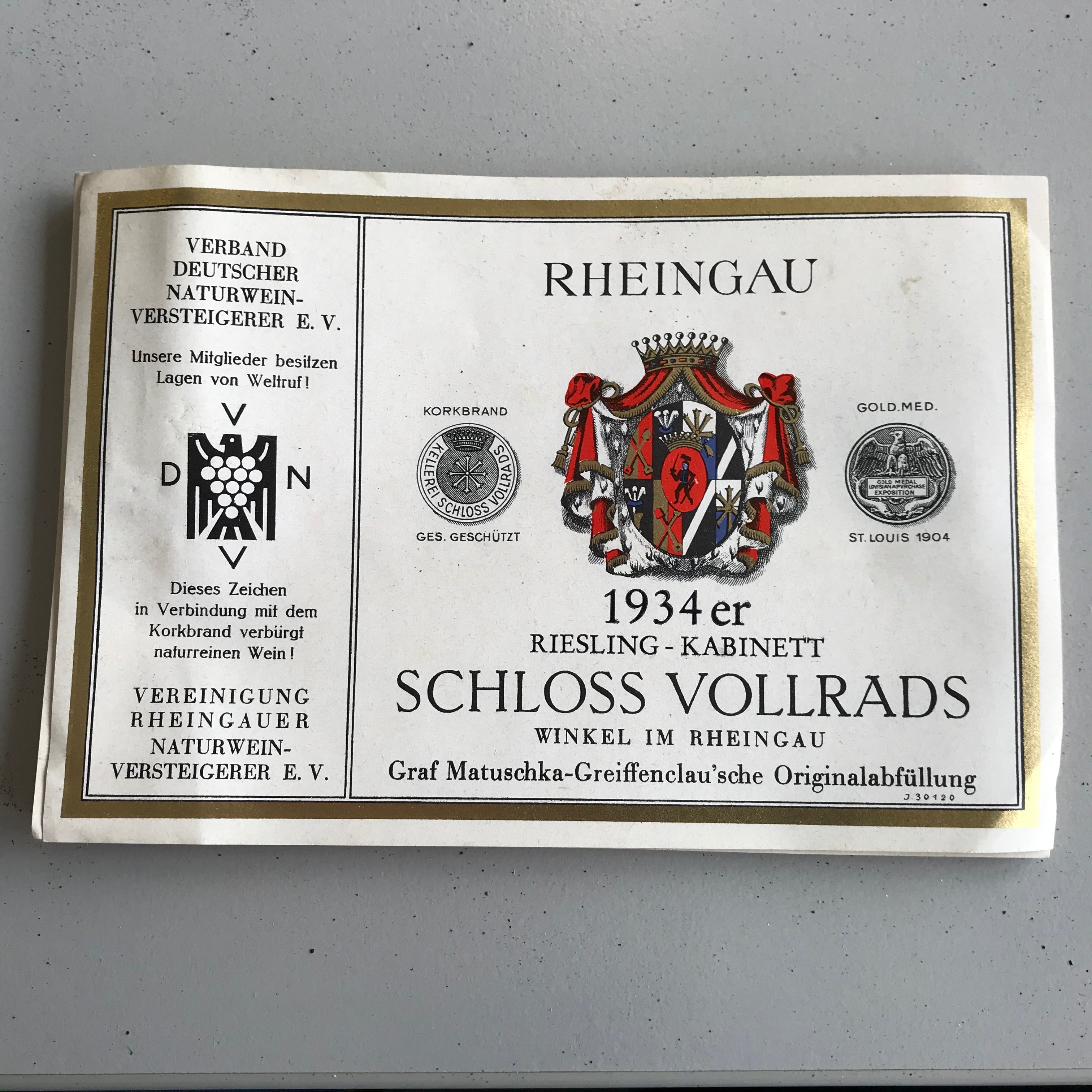 1934 Schloss Vollrads, Riesling, Schloss Vollrads, Kabinett
